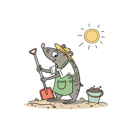 Cartoon mole wearing gardening apron digging in the groundのイラスト素材