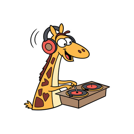 Cartoon giraffe DJ playing records with headphones on deckのイラスト素材