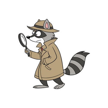 Cartoon Raccoon Detective Examining Evidence with Magnifying Glassのイラスト素材