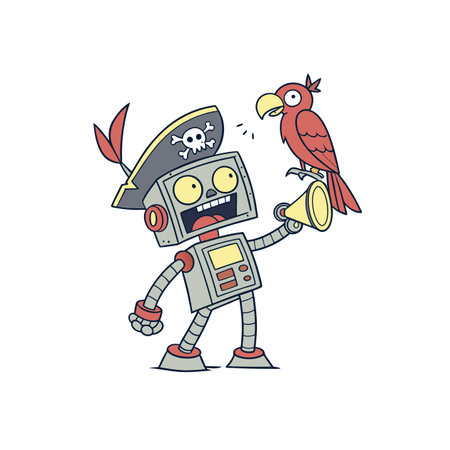 Cartoon robot dressed as a pirate with a parrotのイラスト素材