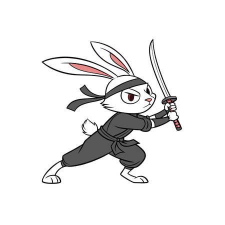 Cartoon ninja rabbit in action pose with sword readyのイラスト素材