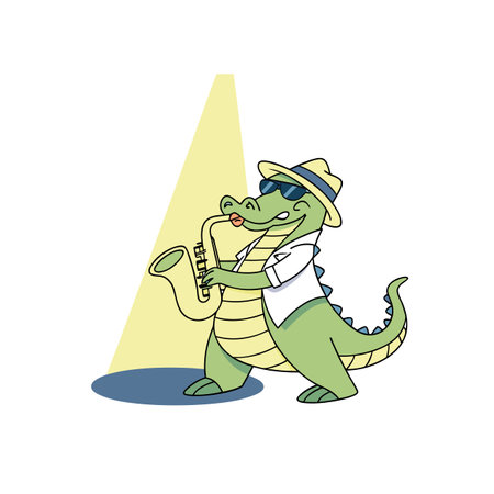Cartoon alligator playing saxophone under a spotlight illustration designのイラスト素材