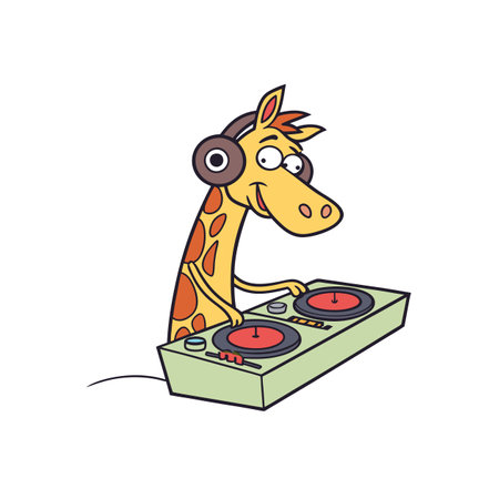 Cartoon giraffe DJ mixing music at a turntable setupのイラスト素材