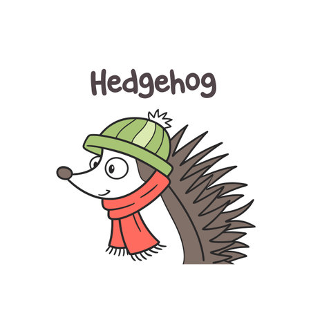 Cartoon hedgehog wearing hat and scarf on white backgroundのイラスト素材