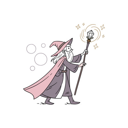Cartoon wizard with a staff creating magical energyのイラスト素材
