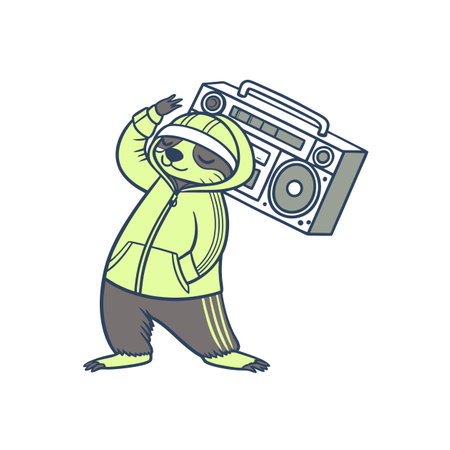 Cartoon sloth in hoodie carrying retro boombox on shoulderのイラスト素材