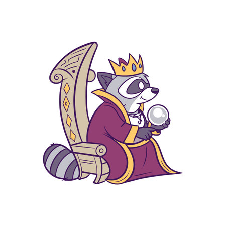Cartoon raccoon queen holding crystal ball sitting on throneのイラスト素材