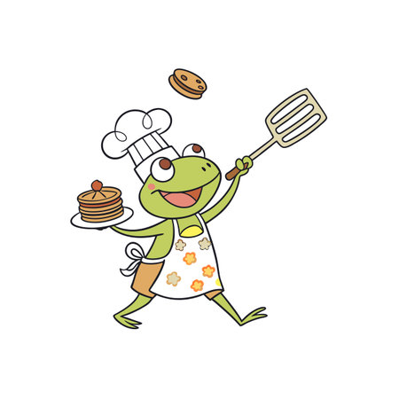 Cheerful Frog Cartoon Chef Tossing Pancake in the Airのイラスト素材