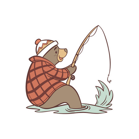 Cartoon bear fishing in river wearing hat and shirtのイラスト素材