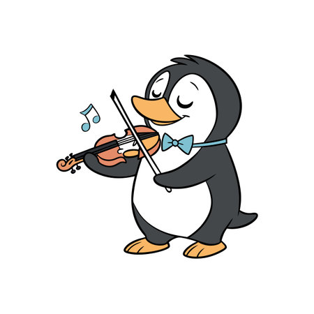 Cartoon penguin playing violin, music note, bow tieのイラスト素材