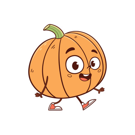 Cartoon pumpkin character walking happily on a white backgroundのイラスト素材
