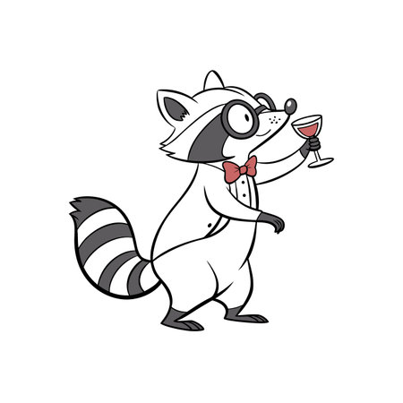 Cartoon raccoon in tuxedo toasting with glass of red wineのイラスト素材