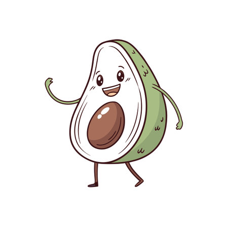 Cute avocado cartoon character waving and walking forward happilyのイラスト素材