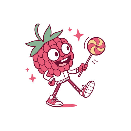 Cheerful raspberry cartoon character holding lollipop and walking forwardのイラスト素材