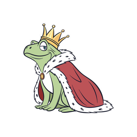 Cartoon frog with crown and robe sits in regal poseのイラスト素材