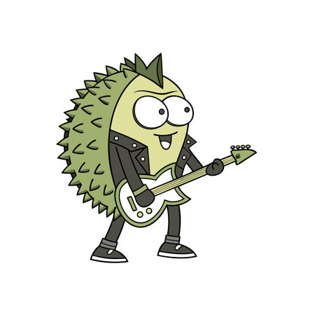Cartoon Durian Rock Star playing electric guitar cheerfullyのイラスト素材