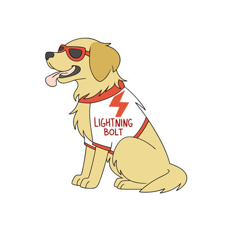 Cartoon golden retriever dog wearing sunglasses and lightning bolt shirtのイラスト素材