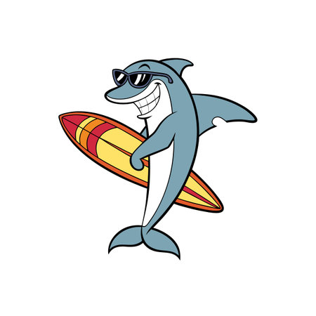 Cartoon Dolphin Surfer Holding a Surfboard and Smiling Wideのイラスト素材