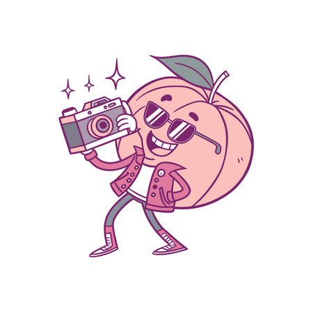 Cool peach with sunglasses taking pictures with old cameraのイラスト素材