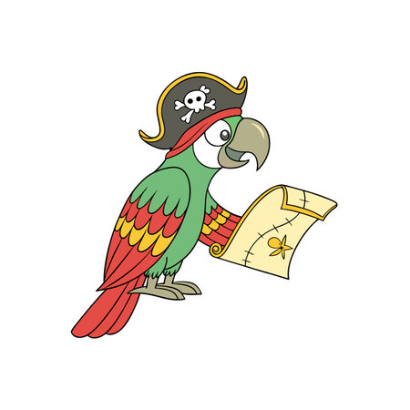 Colorful cartoon parrot pirate examining treasure map closelyのイラスト素材