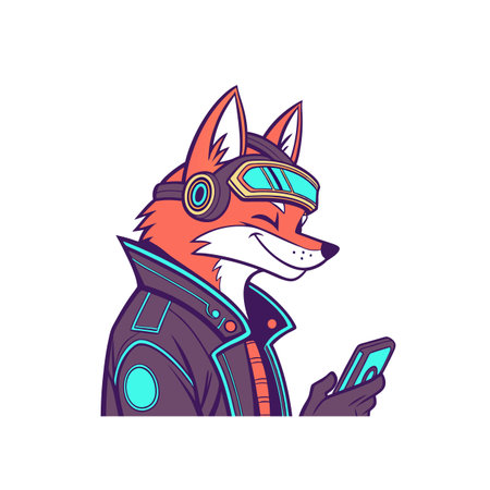 Cartoon fox in cyber jacket using smartphone illustration artのイラスト素材