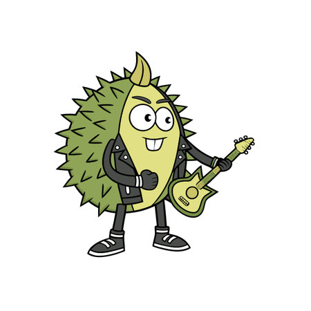 Cartoon Durian Mascot Rocking Out with Electric Guitarのイラスト素材