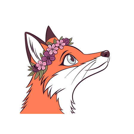 Stylized fox head adorned with floral crown illustration