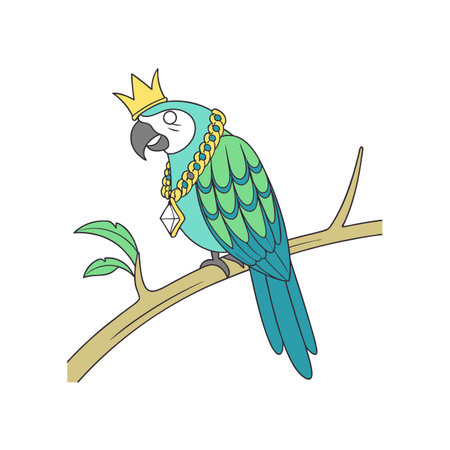 Cartoon parrot character wearing a crown and a necklace