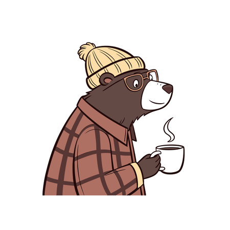 Cartoon bear with coffee cup wearing glasses and hatのイラスト素材