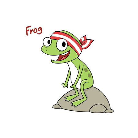 Cartoon frog character with headband sitting on stoneのイラスト素材
