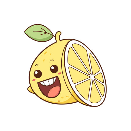 Cartoon smiling lemon with slice beside it and leafのイラスト素材