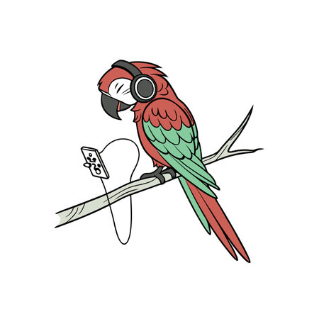 Cartoon parrot listening to music perched on a branchのイラスト素材