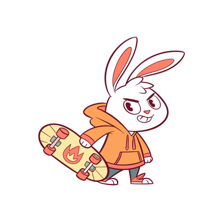Cartoon bunny character holding skateboard with flame designのイラスト素材