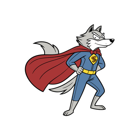 Cartoon wolf superhero stands proud with cape blowing windのイラスト素材