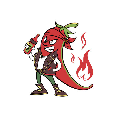 Cartoon chili pepper character with hot sauce and flames