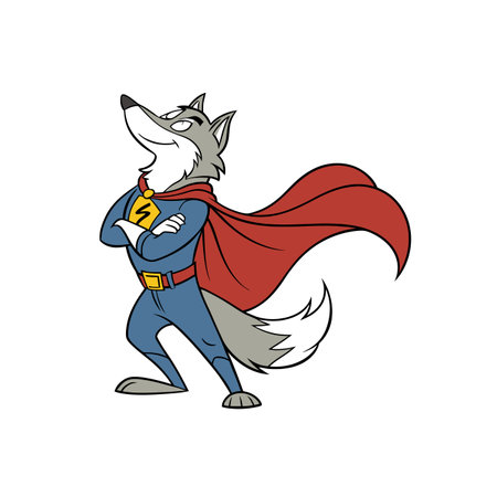 Cartoon superhero wolf proudly wearing cape and uniform standing tallのイラスト素材