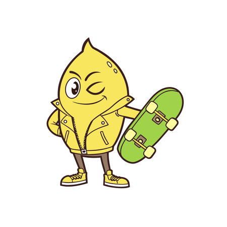 Cartoon Lemon Character with Skateboard Wearing Jacket and Shoesのイラスト素材