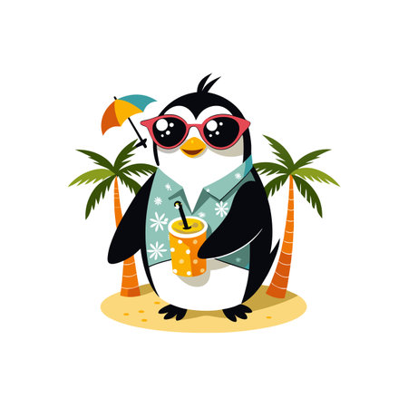 Cool penguin enjoying tropical vacation on beach with drinkのイラスト素材