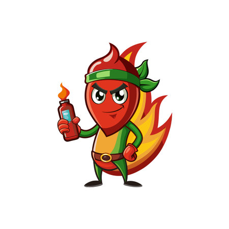 Cartoon chili pepper character holding hot sauce with flamesのイラスト素材