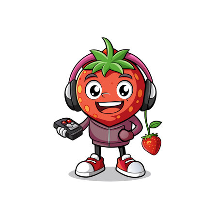 Cartoon strawberry character wearing headphones and holding a remoteのイラスト素材