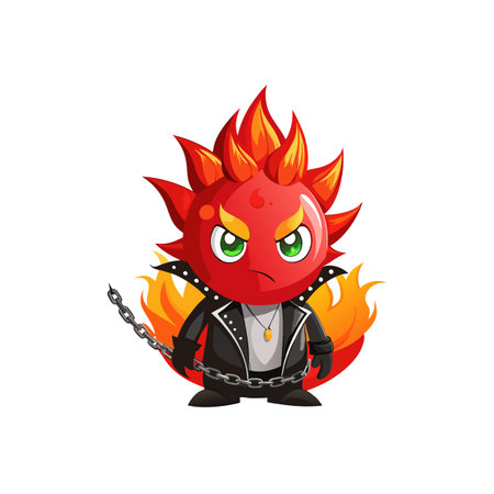 Angry fire monster cartoon character with chain and jacket