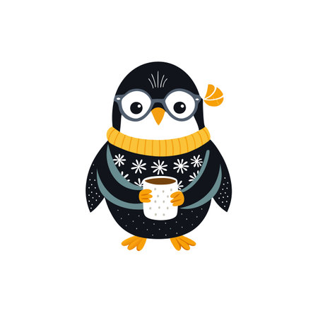 Stylish penguin with coffee mug in winter sweater illustrationのイラスト素材