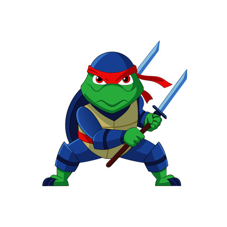 Cartoon turtle ninja warrior holding swords in fighting stanceのイラスト素材
