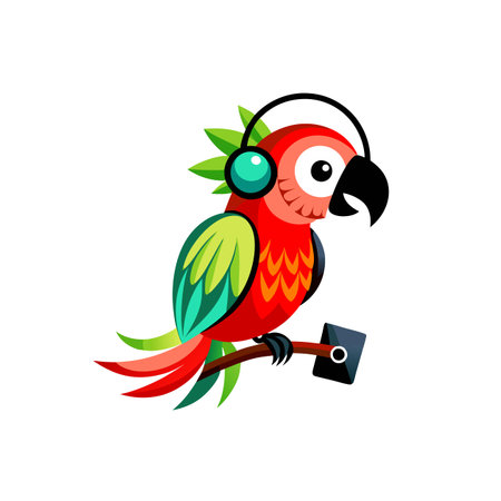Cartoon parrot with headphones listening music perched on branchのイラスト素材