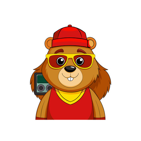 Cartoon beaver with boombox wearing sunglasses and red capのイラスト素材