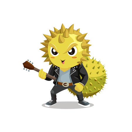 Cartoon Durian Character Playing Guitar in Rock Outfitのイラスト素材