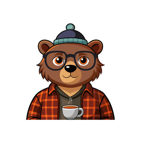 Cartoon bear wearing a hat holding a hot drinkのイラスト素材