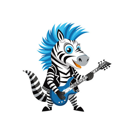 Cartoon zebra rockstar with blue mohawk playing electric guitarのイラスト素材
