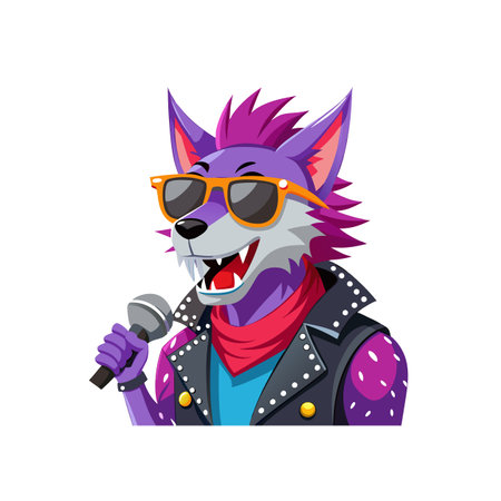 Cartoon wolf rockstar singing into microphone with punk hairstyle