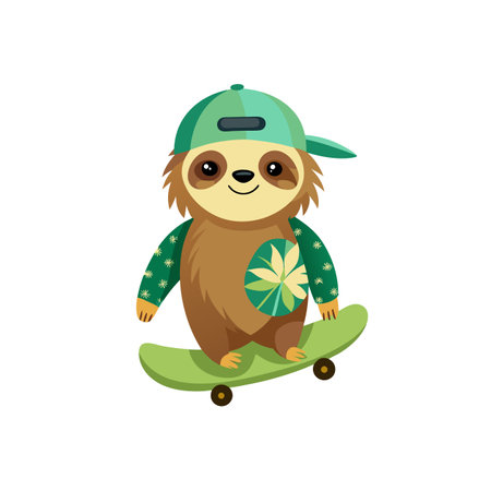 Cartoon sloth wearing a baseball cap and skateboardingのイラスト素材